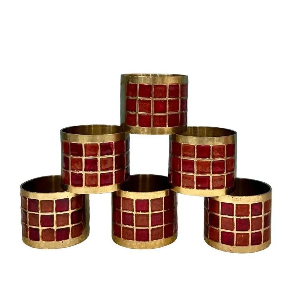 Pier 1 Vintage Brass with Red Enamel Napkin Rings Holder Set of 6 Geometric 80’s